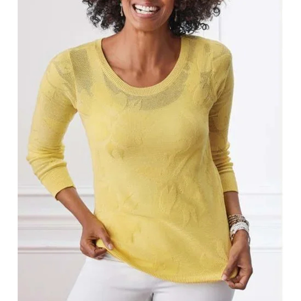 Soft Surroundings Plus 1X Garden Wall Pointelle Jacquard Sweater Yellow Knit